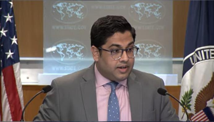 Vedant Patel, deputy spokesperson for the Department of State, is seen answering questions during a daily press briefing at the state department in Washington on Monday in this captured image. (US Department of State)