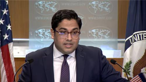 Vedant Patel, deputy spokesperson for the Department of State, is seen speaking during a daily press briefing at the department in Washington on Thursday in this captured image. (DOS)
