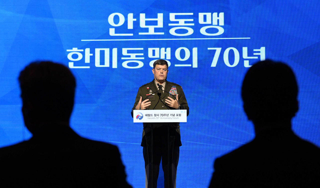 Lt. Gen. Willard Burleson, the commanding general of the Eighth US Army, speaks during a forum hosted by Herald Corp. and held at the Shilla Hotel on Wednesday. The forum, titled “The ROK-US Alliance Plus,” aims to commemorate seven decades of the South Korea-US alliance and the 70th anniversary of The Korea Herald’s foundation. (Lee Sang-sub/The Korea Herald)