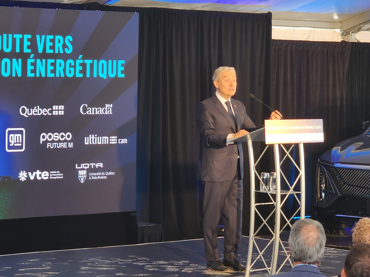 Canadian Industry Minister Francois-Philippe Champagne announces the provincial and federal governments' investment decision at the Ultium Cam's construction site in Quebec on Monday. (Posco Future M)