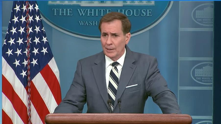 John Kirby, National Security Council coordinator for strategic communications, is seen answering questions during a daily press briefing at the White House in Washington on Wednesday. (White House)