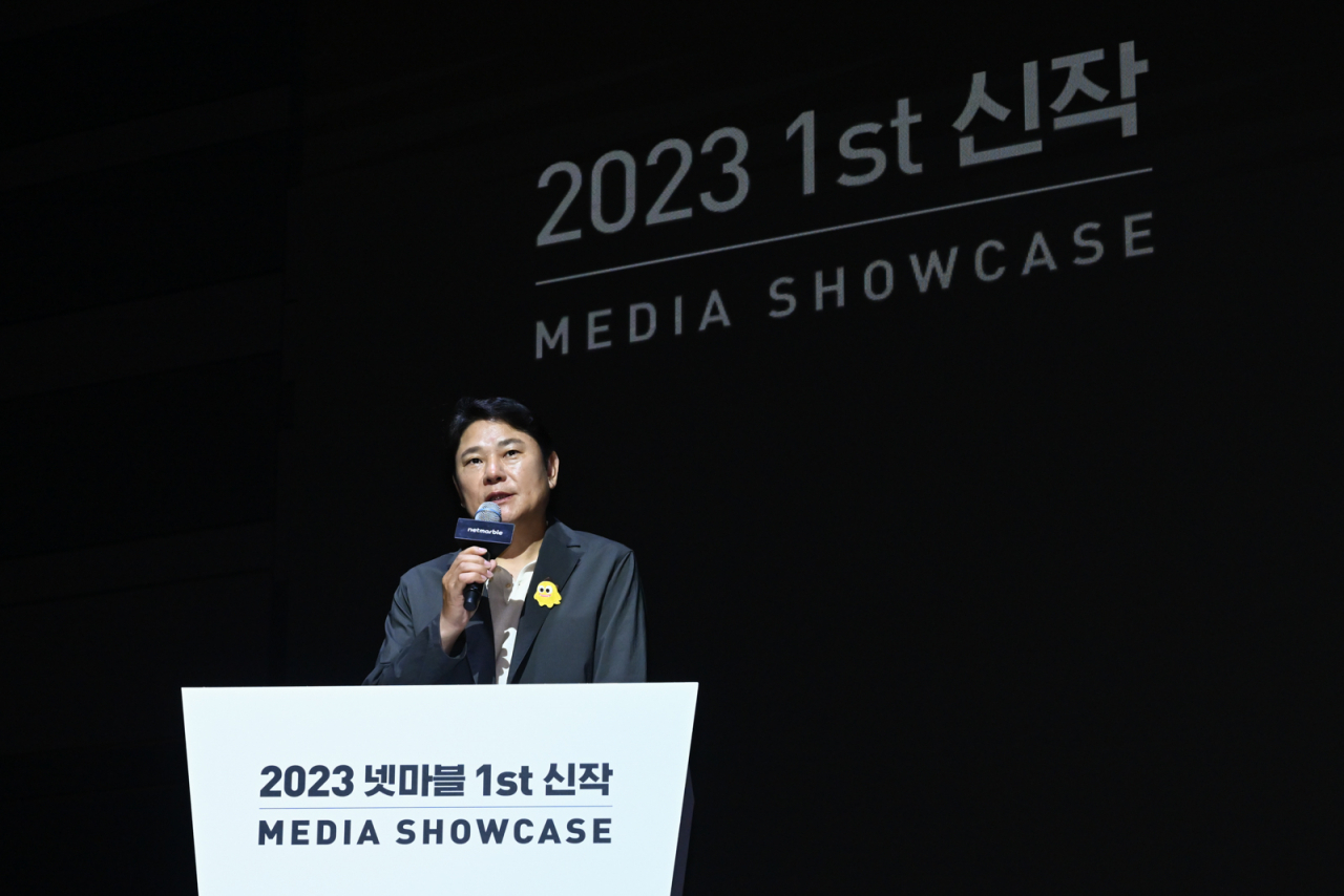Kwon Young-sig, CEO of Netmarble, speaks in a media showcase to announce the launch of three new global games in the second half of this year at the game maker's headquarters in western Seoul on Thursday. (Netmarble)