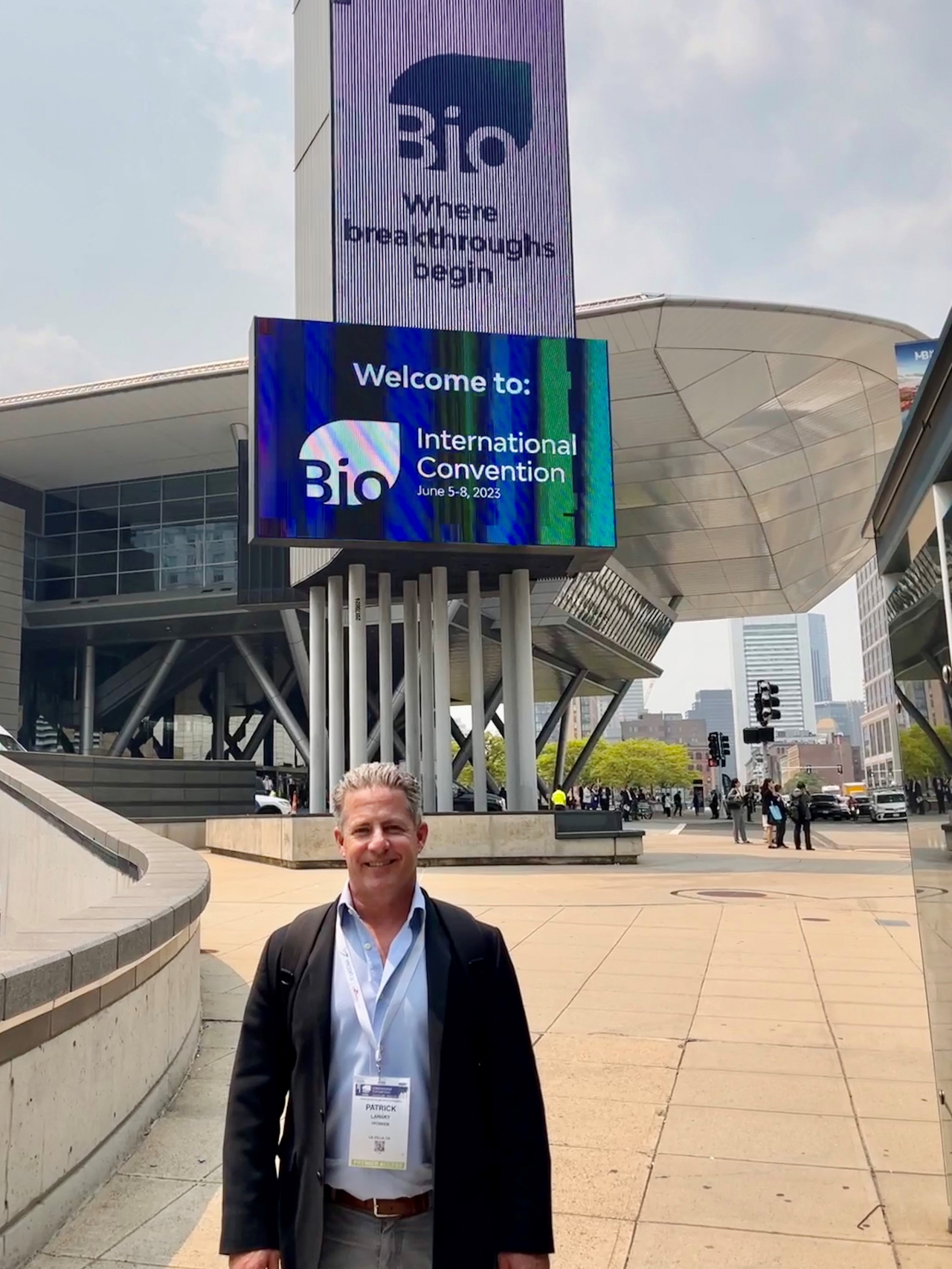 Patrick Lansky, vice president of US sales and marketing at Yposkesi poses at the Boston Convention and Exhibition Center in Boston, Massachusetts, where the 2023 BIO International Convention took place June 5-8.