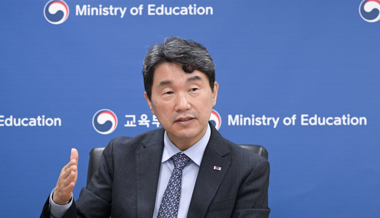 Education Minister Lee Ju-ho speaks during an interview with The Korea Herald on Monday at the Government Complex Seoul. (Lee Sang-sub/The Korea Herald)