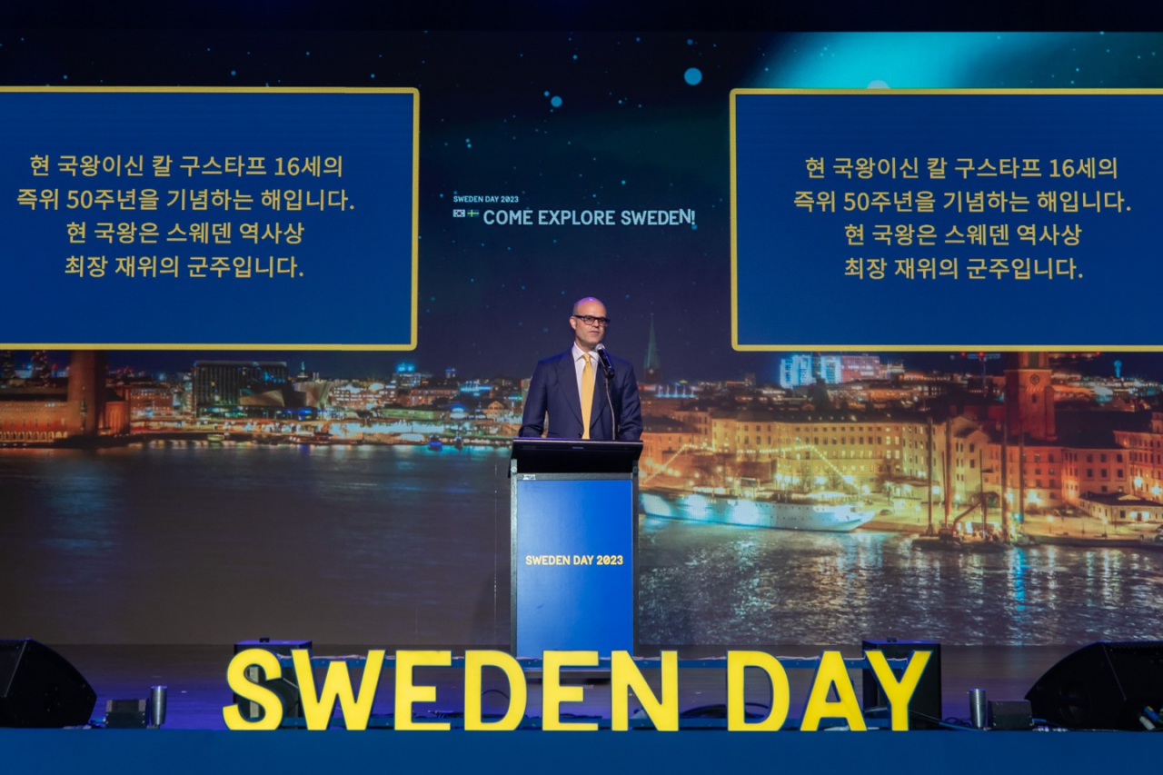 Swedish Ambassador to Korea Daniel Wolven delivers remarks during the Sweden Day 2023 celebrations at Grand Hyatt Hotel in Yongsan-gu, Seoul, on Friday. (Embassy of Sweden in Seoul)