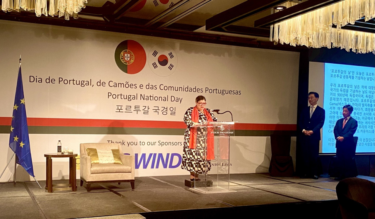 Portuguese Ambassador to Korea Susana Vaz Patto delivers remarks at the Portuguese National Day at the Four Seasons Hotel in Jung-gu, Seoul, on Monday. (Sanjay Kumar/The Korea Herald)