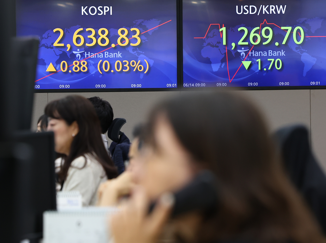 An electronic board showing the Korea Composite Stock Price Index at a dealing room of the Hana Bank headquarters in Seoul on Wednesday. (Yonhap)