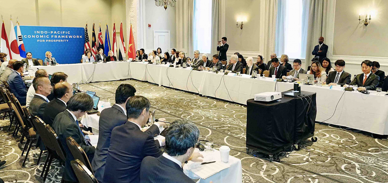 This photo shows the ministerial meeting of the Indo-Pacific Economic Framework (IPEF) in Detroit on May 27. (South Korea's trade ministry)