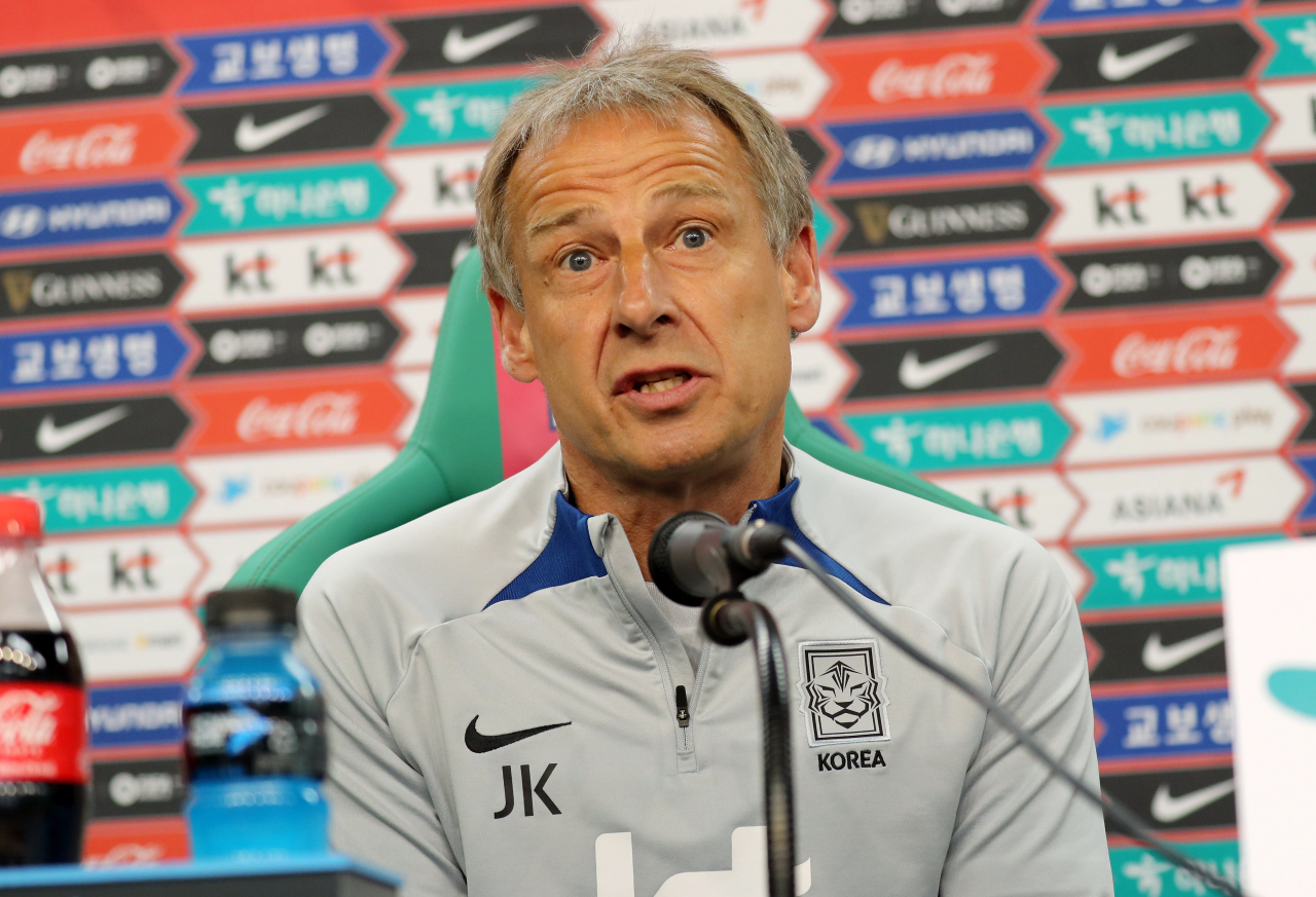 South Korea head coach Jurgen Klinsmann speaks at a press conference at Daejeon World Cup on Monday. (Yonhap)