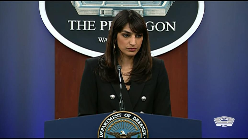Department of Defense spokesperson Sabrina Singh is seen taking questions during a daily press briefing at the Pentagon in Washington on Wednesday in this captured image. (Yonhap)