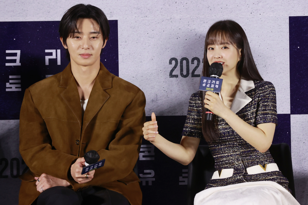 Actors Park Seo-joon and Park Bo-young of “Concrete Utopia” speak during a press conference held in Lotte Cinema Konkuk University, Seoul, Wednesday. (Yonhap)