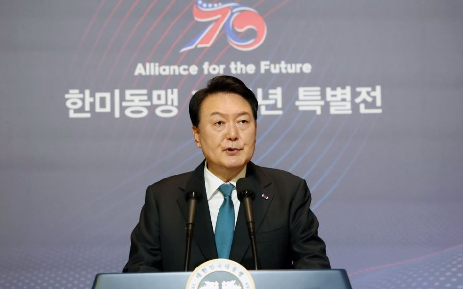 This photo, taken June 25, 2023, shows President Yoon Suk Yeol speaking at a special exhibition marking the 70th anniversary of the South Korea-U.S. alliance at the National Museum of Korean Contemporary History in Seoul. (Yonhap)