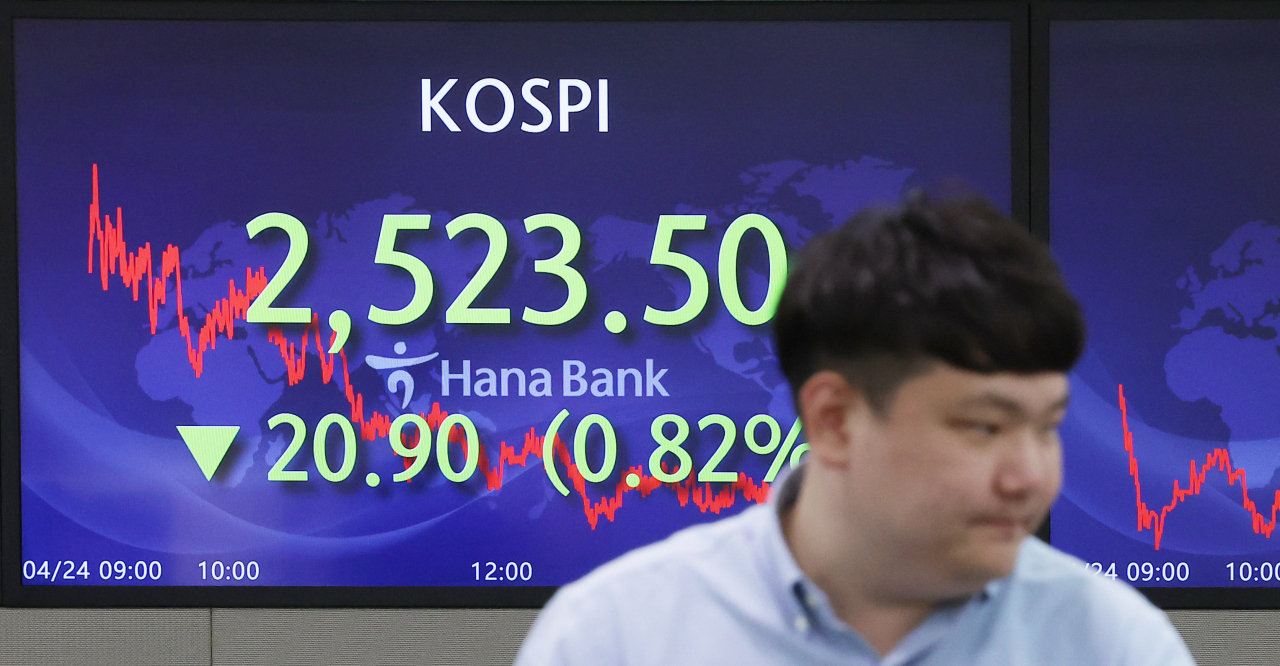 An electronic board showing the Korea Composite Stock Price Index at a dealing room of the Hana Bank headquarters in Seoul on Thursday. (Yonhap)