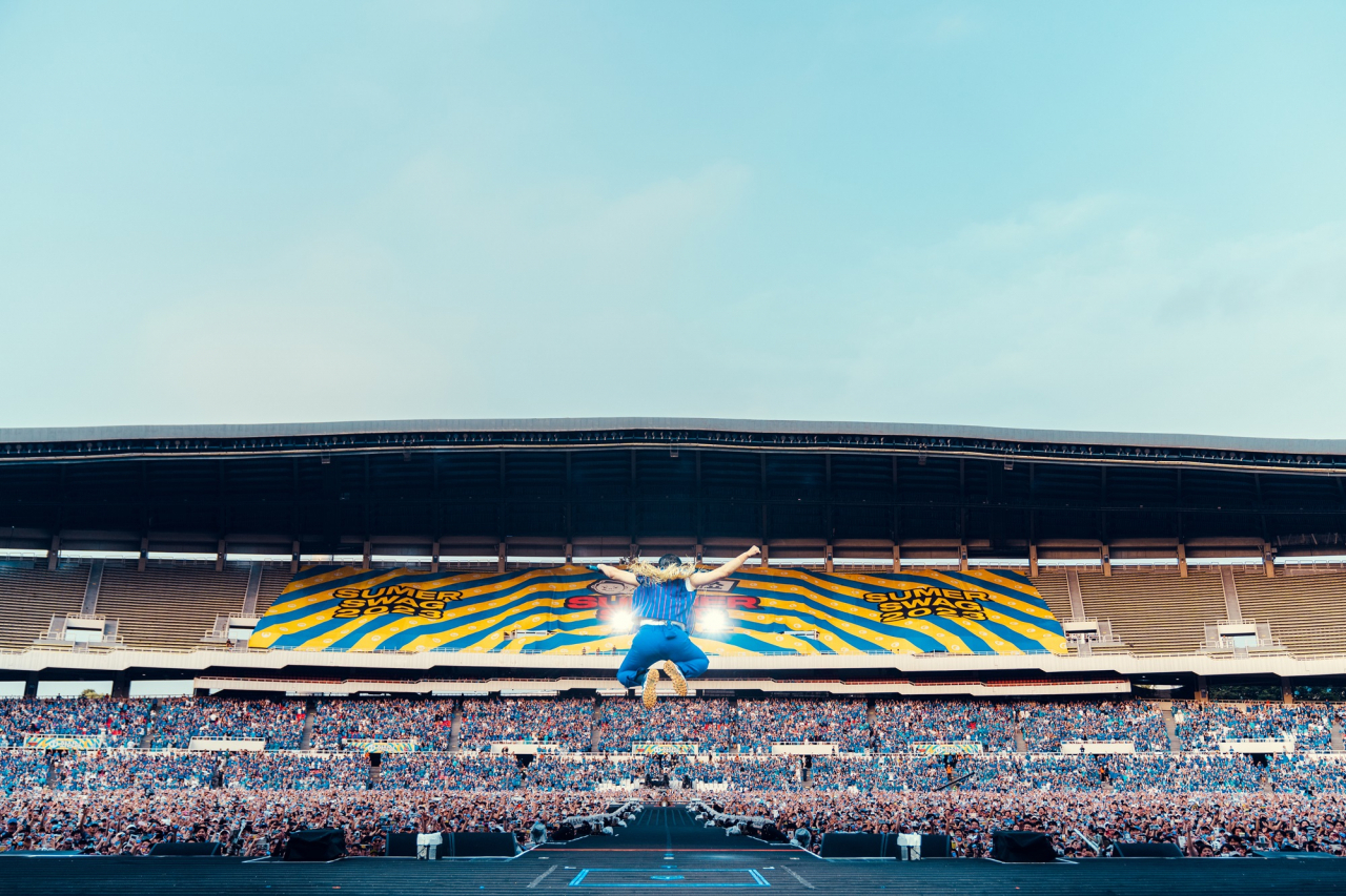 Psy kicks off his concert at the Jamsil Olympic Stadium in Seoul on Friday. (P Nation)