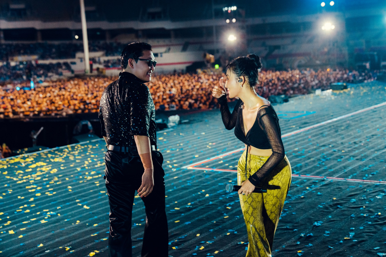 Psy kicks off his concert at the Jamsil Olympic Stadium in Seoul on Friday. (P Nation)