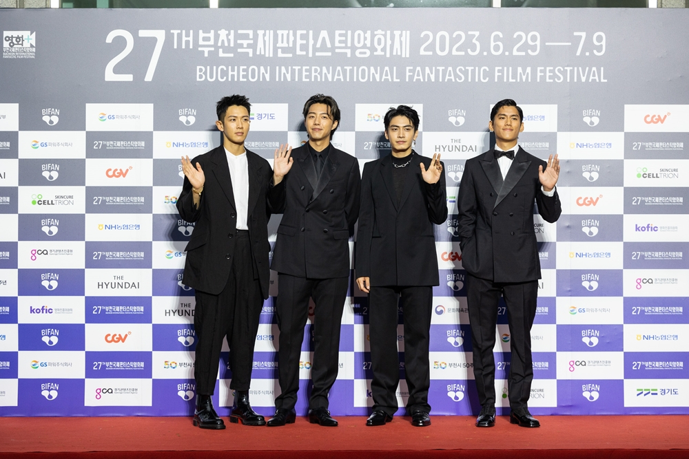 Kai Ko (first from left) poses with the cast of “Bad Education” during an opening ceremony of the 27th Bucheon International Fantastic Film Festival on June 29. (BIFAN)