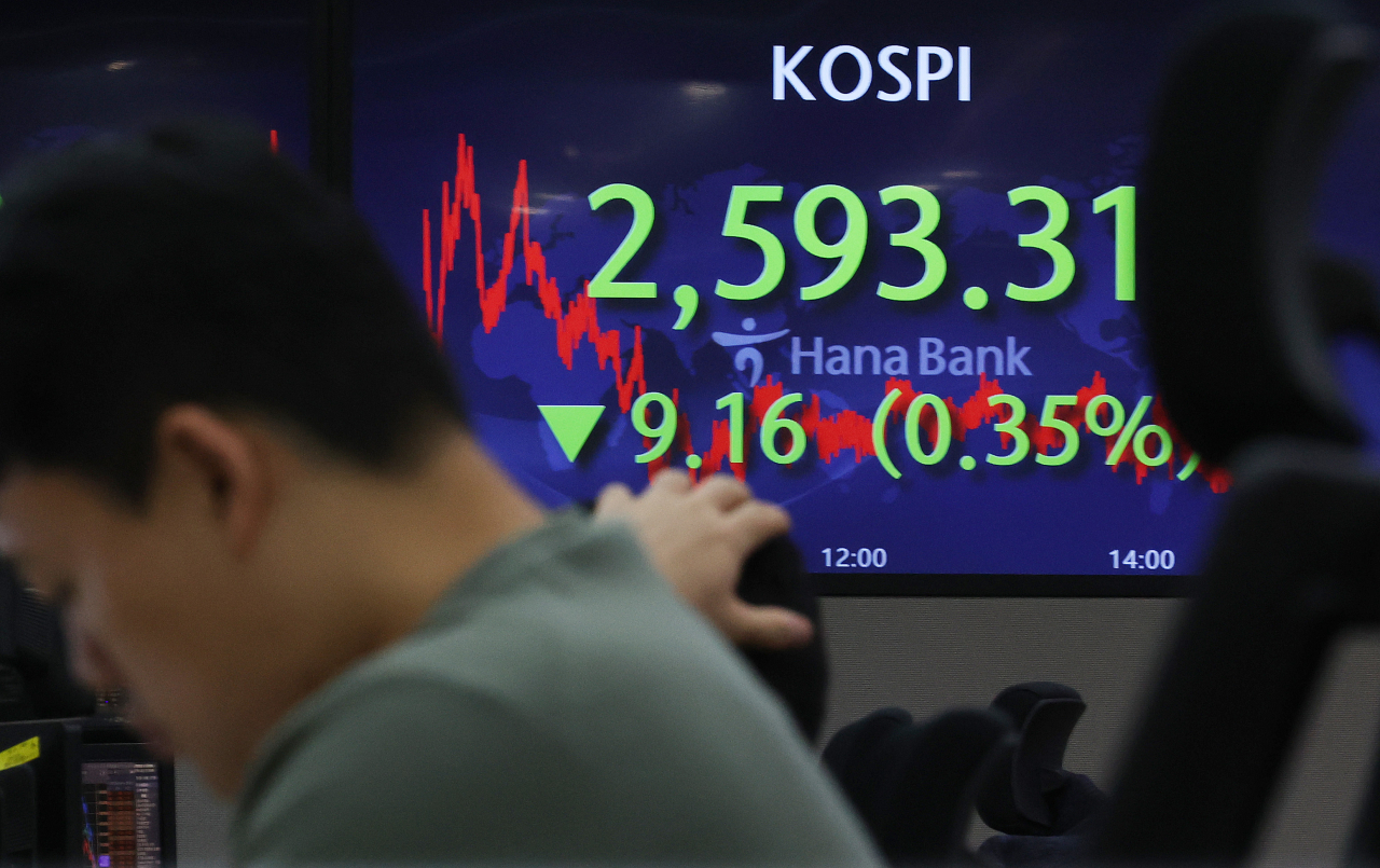 An electronic board showing the Korea Composite Stock Price Index at a dealing room of the Hana Bank headquarters in Seoul on Tuesday. (Yonhap)