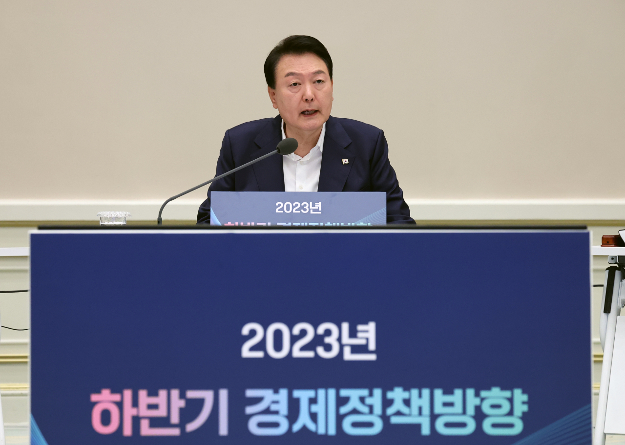 President Yoon Suk Yeol speaks during an economic policy meeting at Cheong Wa Dae in Seoul on Tuesday. (Yonhap)