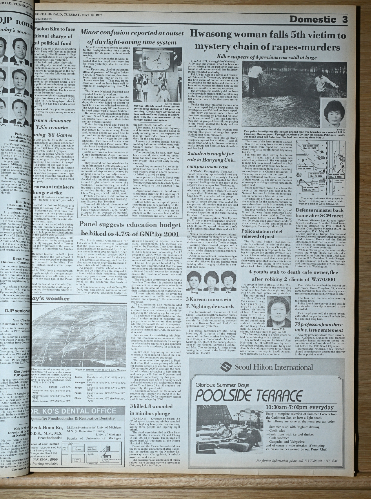 An article in the May 12, 1987 edition of The Korea Herald details how the police found a woman’s body in the woods in Hwaseong, Gyeonggi Province. She was presumed to be one of the victims of a serial killer operating in the area. (The Korea Herald)