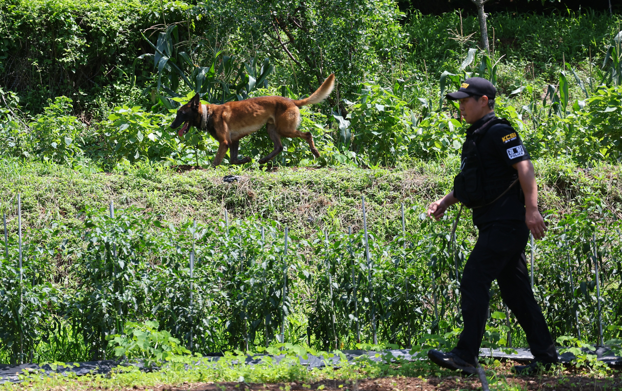 A police officer and a search dog inspects a hillside in Jukseong-ri, Gijang-gun, Busan, where a mother confessed to have disposed an infant’s body in 2015 on Wednesday. (Yonhap)