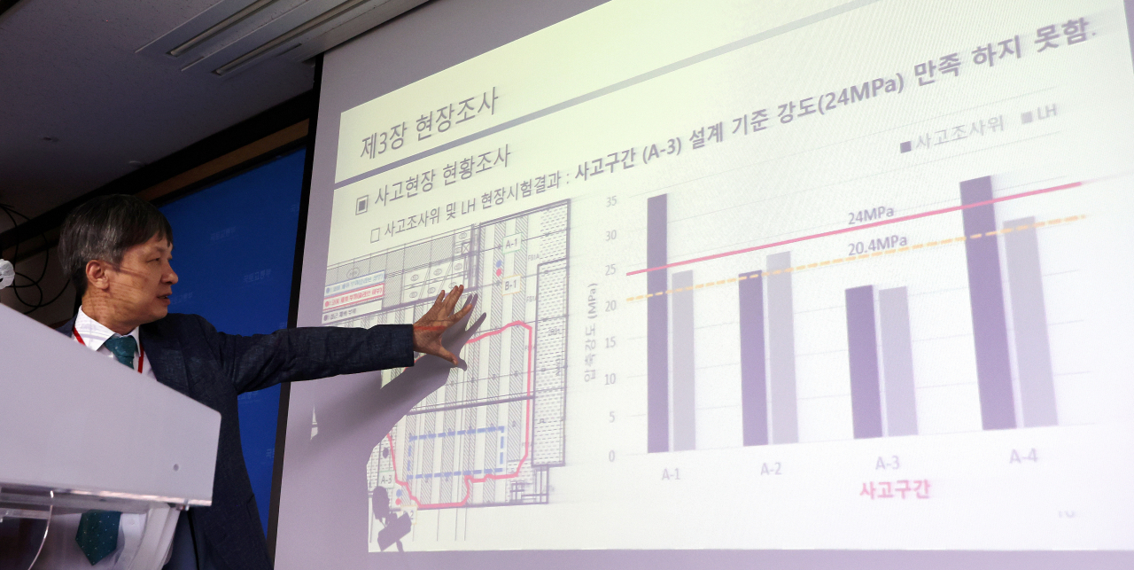 Hong Geon-ho, head of the inspection team, explains factors in the underground parking lot collapse at Geomdan New Town in Incheon, Wednesday at the Sejong Government Complex. (Yonhap)