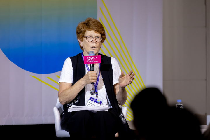 Sue Frost, Junk Yard Dog Productions' founding partner and producer, speaks at a discussion on June 28 held as part of K-Musical Market 2023 at Jeongdeong 1928 Art Center in Seoul. (Korea Arts Management Service)