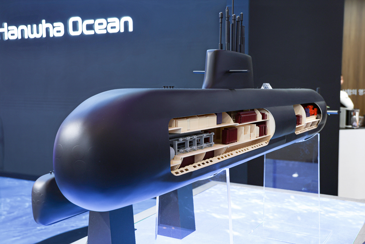 Hanwha Ocean's submarine model displayed at the International Maritime Defense Industry Exhibition on June 7 (Hanwha Ocean)