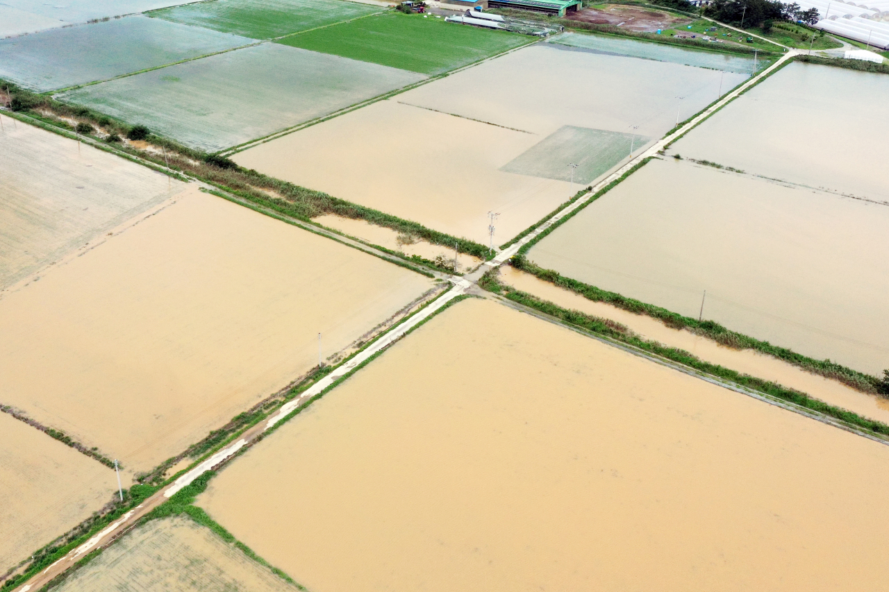 Farmlands in South Jeolla Province are flooded Monday, following bouts of torrential rain over the weekend. (Yonhap)