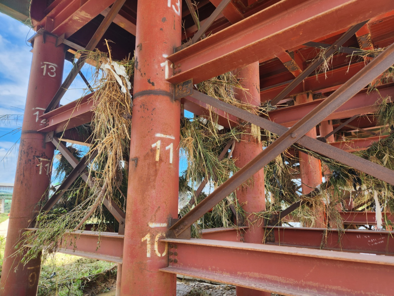 Shattered pieces of trees are seen hanging in the Miho Bridge in Osong-eup, North Chungcheong Province, in this photo taken Monday. The bridge is near the underpass that flooded Saturday and left 14 people dead or missing as of Monday. (Yoon Min-sik/The Korea Herald)