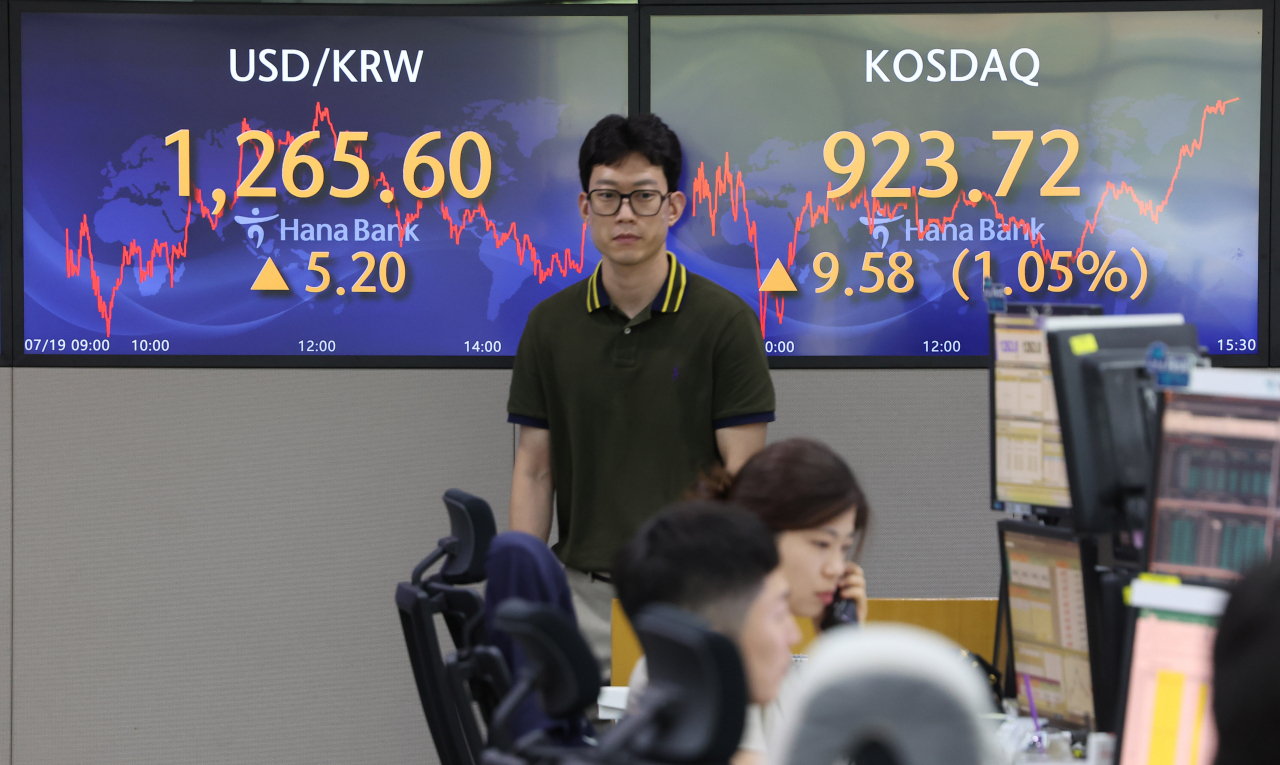 An electronic board showing the Korea Composite Stock Price Index at a dealing room of the Hana Bank headquarters in Seoul on Wednesday (Yonhap)