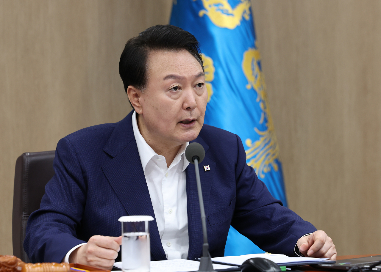 President Yoon Suk Yeol speaks during a Cabinet meeting in his office Tuesday. (Yonhap)