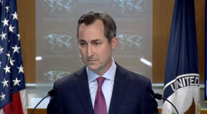 State Department Press Secretary Matthew Miller during a daily press briefing at the department in Washington, Tuesday (Yonhap)