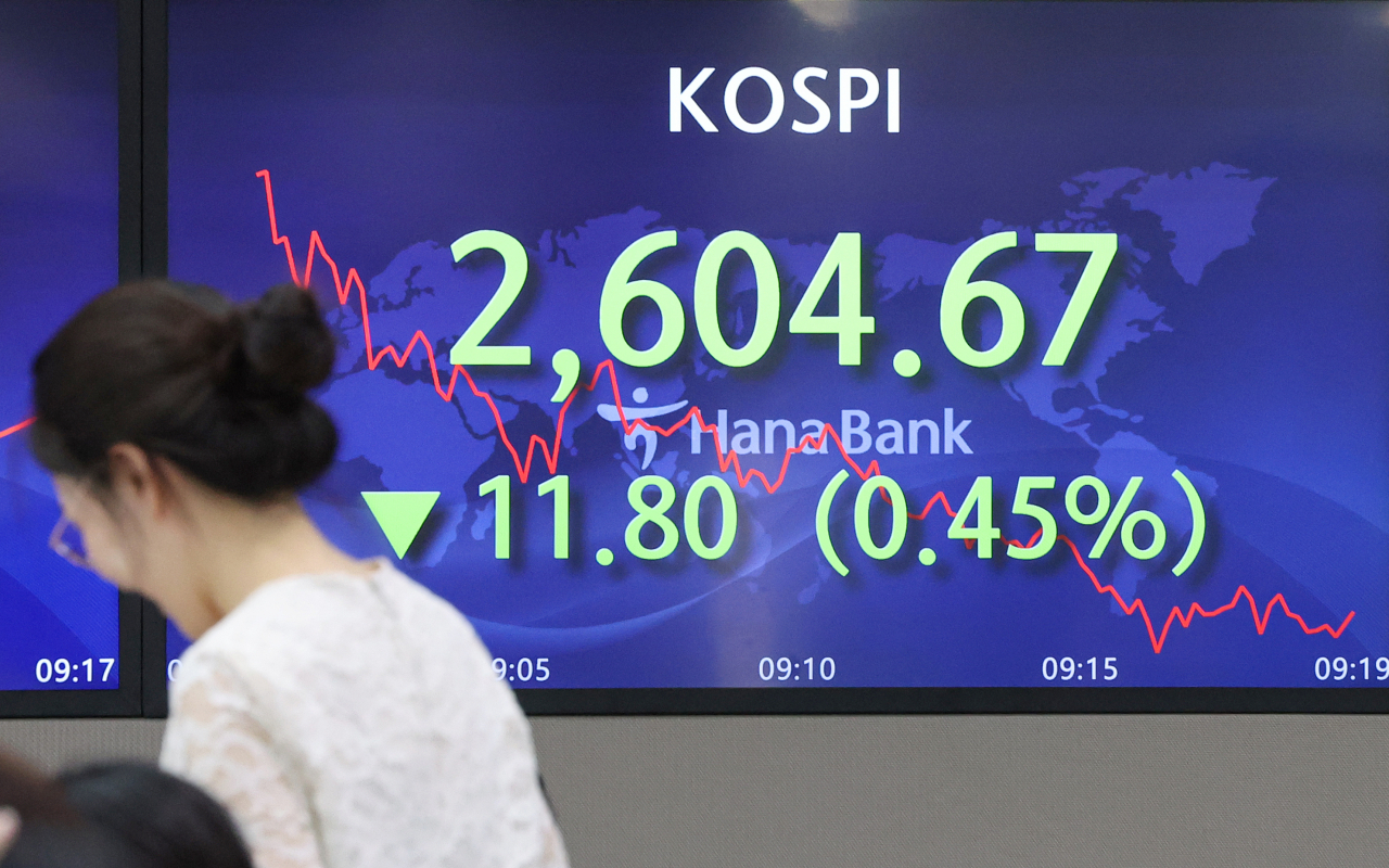 An electronic board showing the Korea Composite Stock Price Index at a dealing room of the Hana Bank headquarters in Seoul on Thursday. (Yonhap)