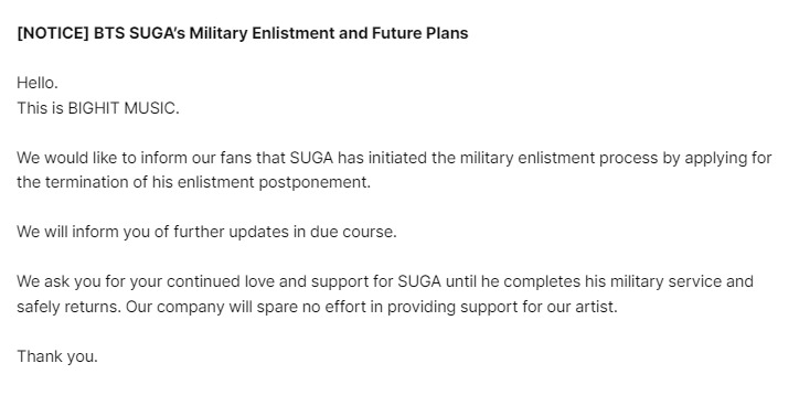 Big Hit Music announced Suga's Military Enlistment (Weverse)