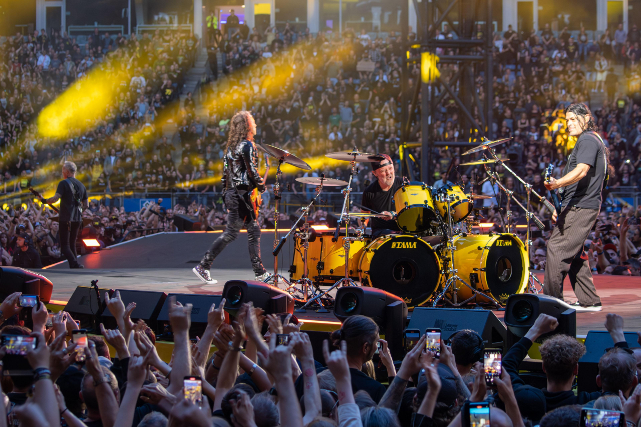 From left: Vocalist James Hetfield, guitarist Kirk Hammet, drummer Robert Trujillo and bassist Robert Trujillo stage a live performance at Volksparkstadion in Hamburg, Germany on May 28. (Metallica)