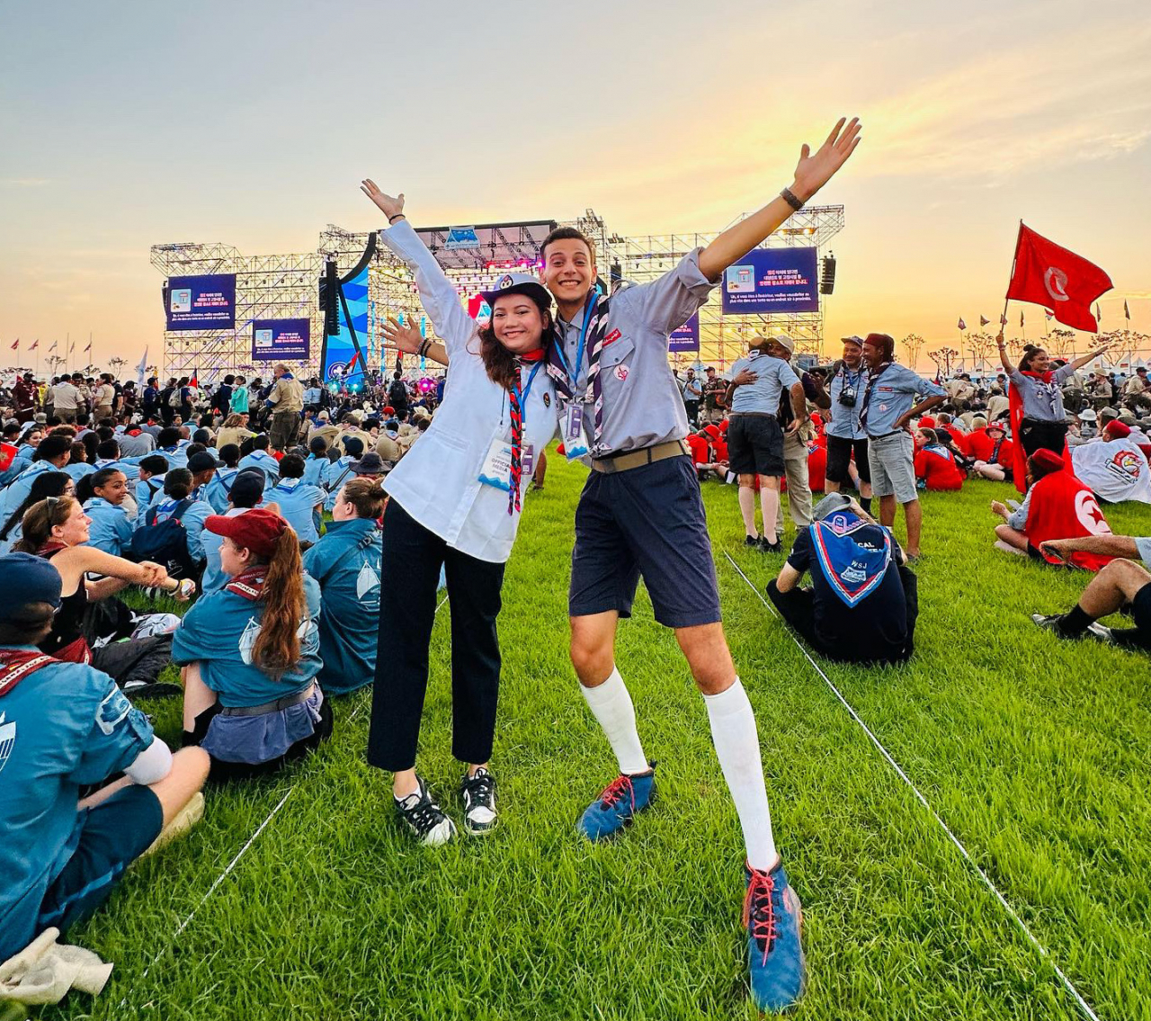 Yassine Gandouz (right) at the opening ceremony at the World Scout Jamboree in Saemangeum, North Jeolla Province (Courtesy of Yassine Gandouz)