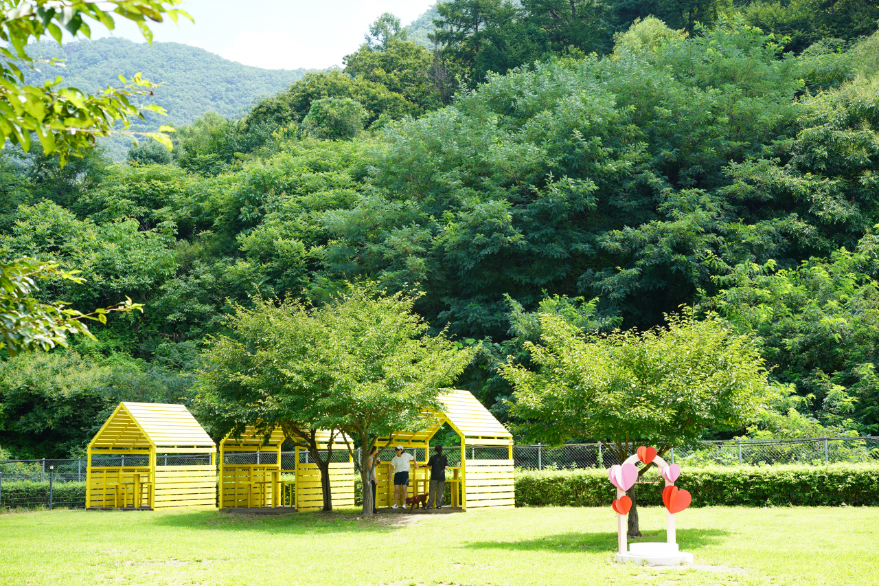 Visitors take a rest at Yellow Stop's pet park with their dog on July 28. (Lee Si-jin/The Korea Herald)