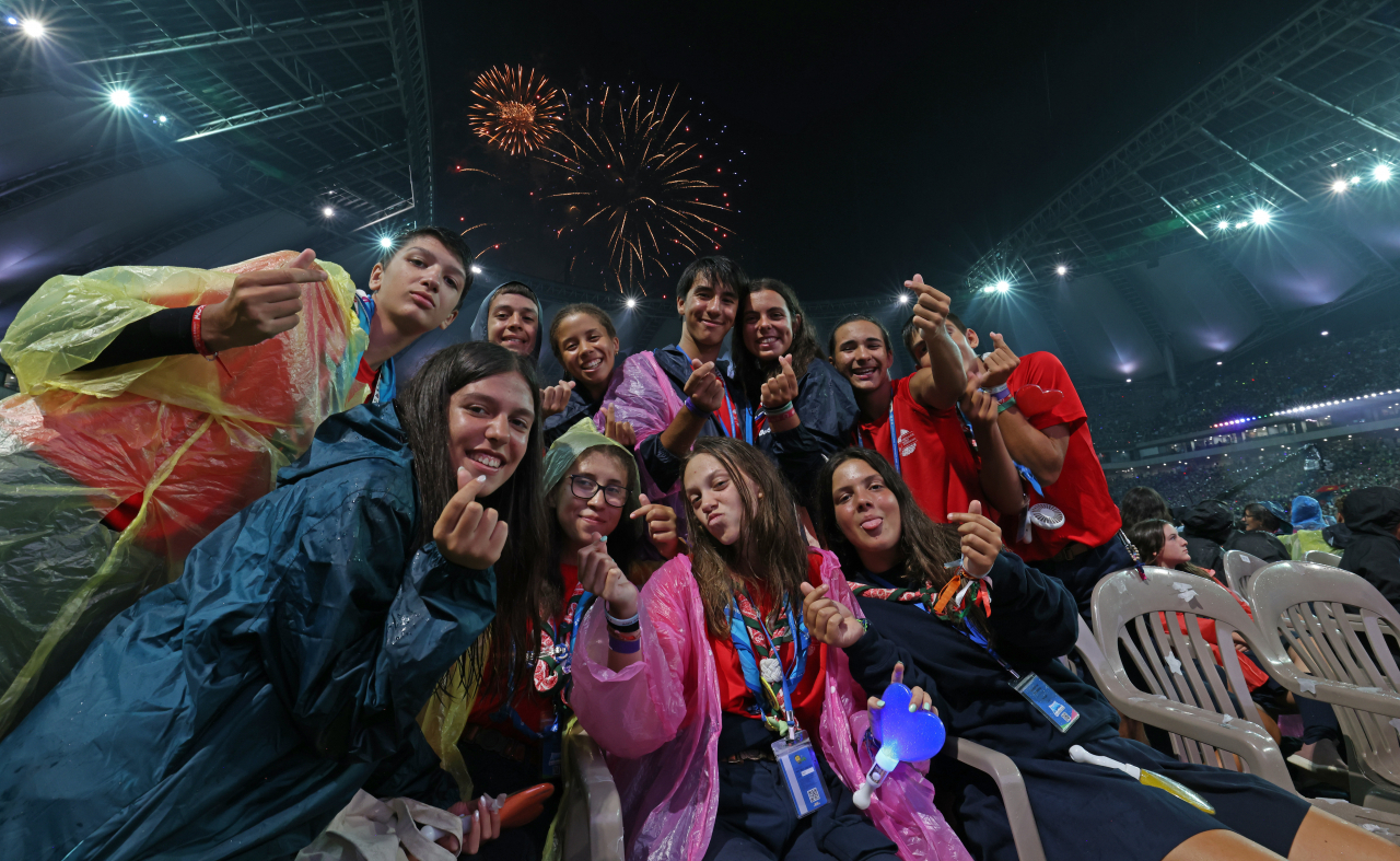 Scouts pose for a photo during a K-pop concert for the 2023 World Scout Jamboree held at Seoul World Cup Stadium in western Seoul on Friday. (Ministry of Culture, Sports and Tourism)