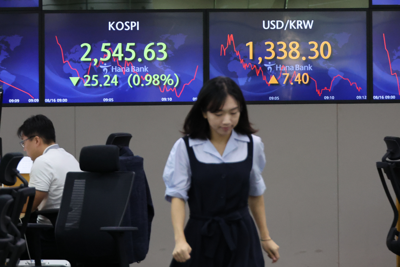 An electronic board showing the Korea Composite Stock Price Index at a dealing room of the Hana Bank headquarters in Seoul on Wednesday. (Yonhap)