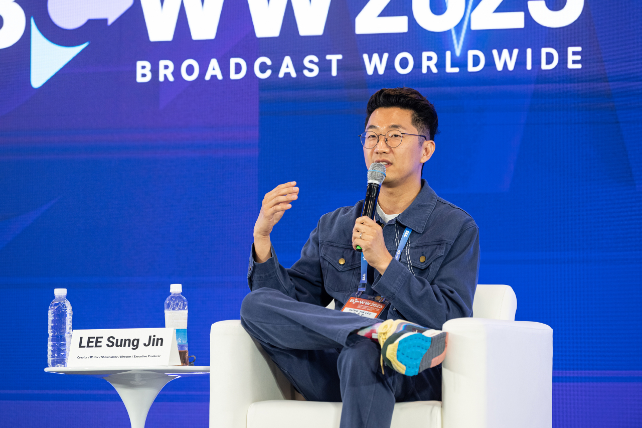 Director Lee Sung-jin speaks during a conference at Broadcast Worldwide 2023 at Coex Asem Ballroom in Gangnam-gu, southern Seoul, Wednesday. (KOCCA)