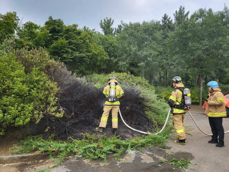 Firefighters inspect the site of a fire at a park in Seo-gu, Incheon, Wednesday. (Incheon Fire Department)