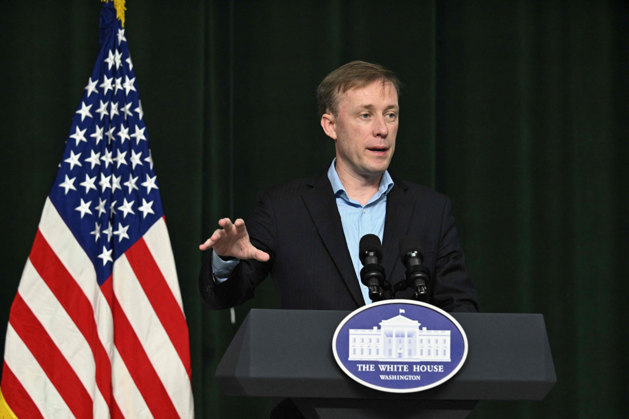 US National Security Adviser Jake Sullivan speaks to the press before US President Joe Biden, Japanese Prime Minister Fumio Kishida, and South Korean President Yoon Suk Yeol participate in the Camp David Trilateral Summit, at Camp David in Maryland on Friday. (AFP-Yonhap)