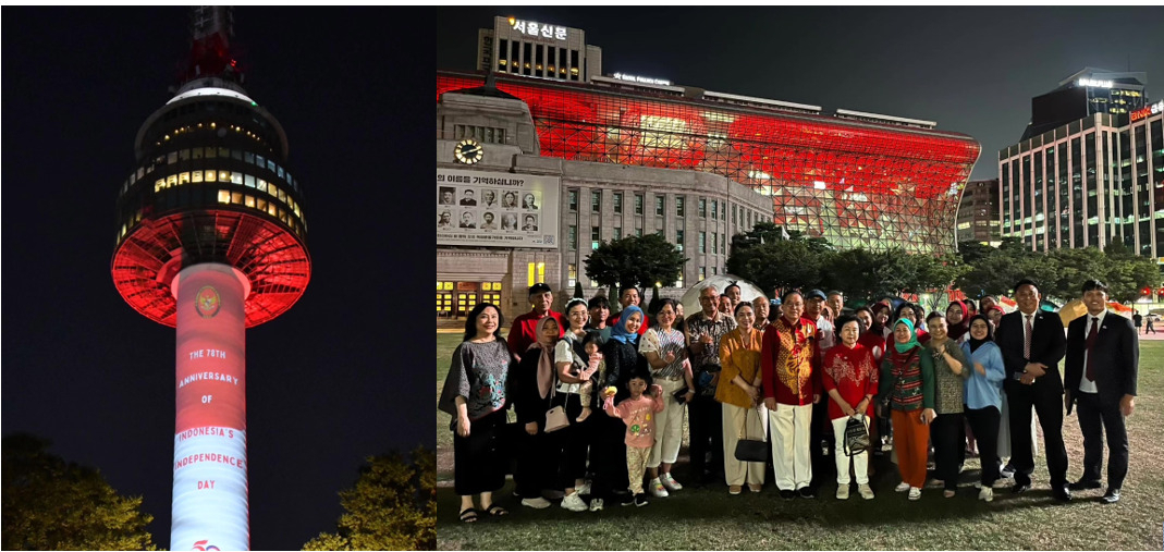 City Hall and Namsan Tower in Seoul feature red and white, the colors of Indonesia’s National Flag to commemorate Indonesia's 78th independence day anniversary on Friday. (Indonesian Embassy in Seoul)