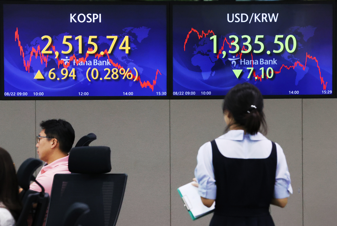 An electronic board showing the Korea Composite Stock Price Index at a dealing room of the Hana Bank headquarters in Seoul on Tuesday. (Yonhap)