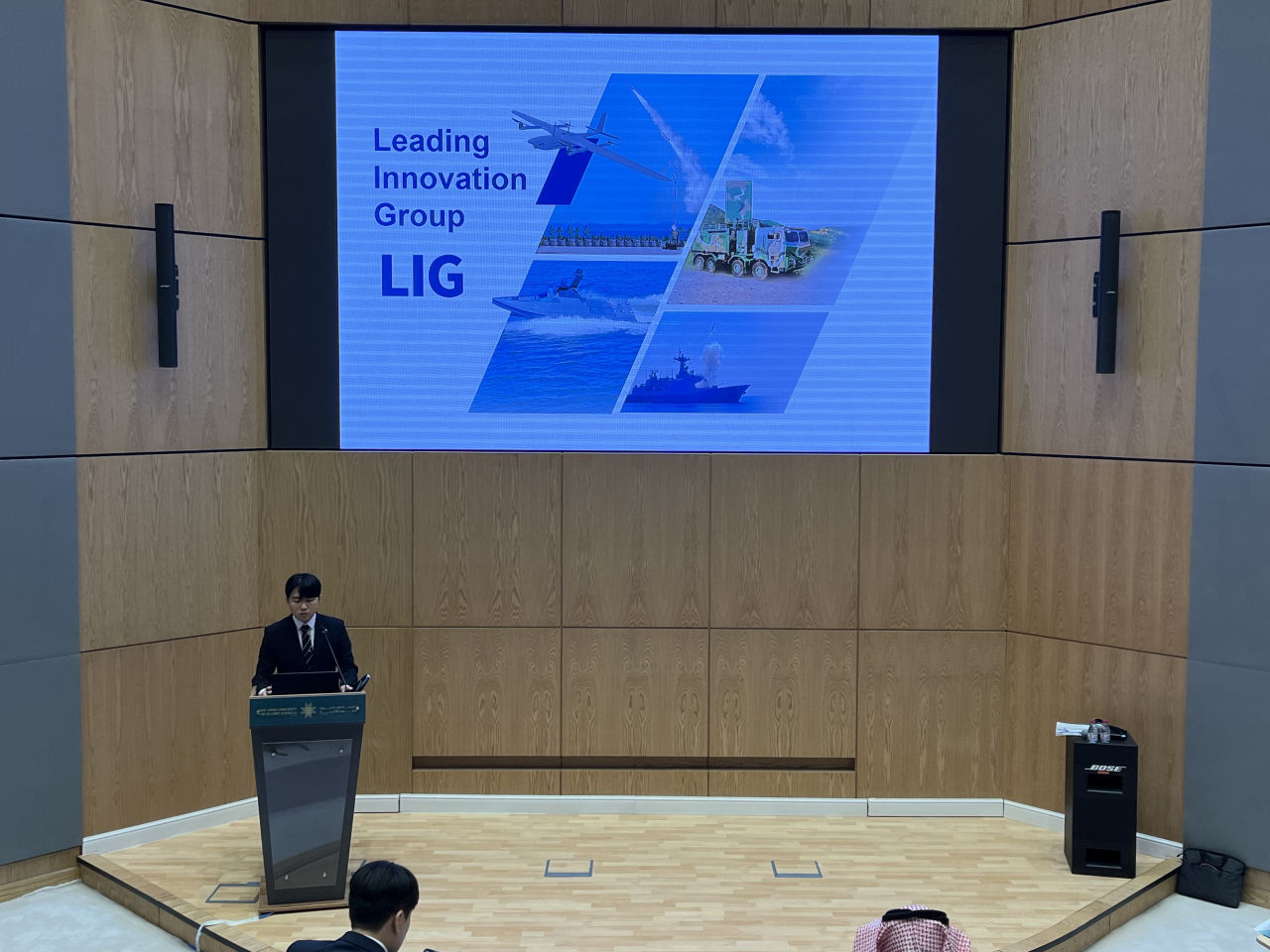 Kim Kang-min, a cyber electronic warfare division researcher at defense firm LIG Nex1, is seen delivering a presentation on security threats by drones and corresponding response systems in Korea, on the second day of the drone show held at NAUSS in Riyadh, Saudi Arabia on Tuesday. (LIG Nex1)