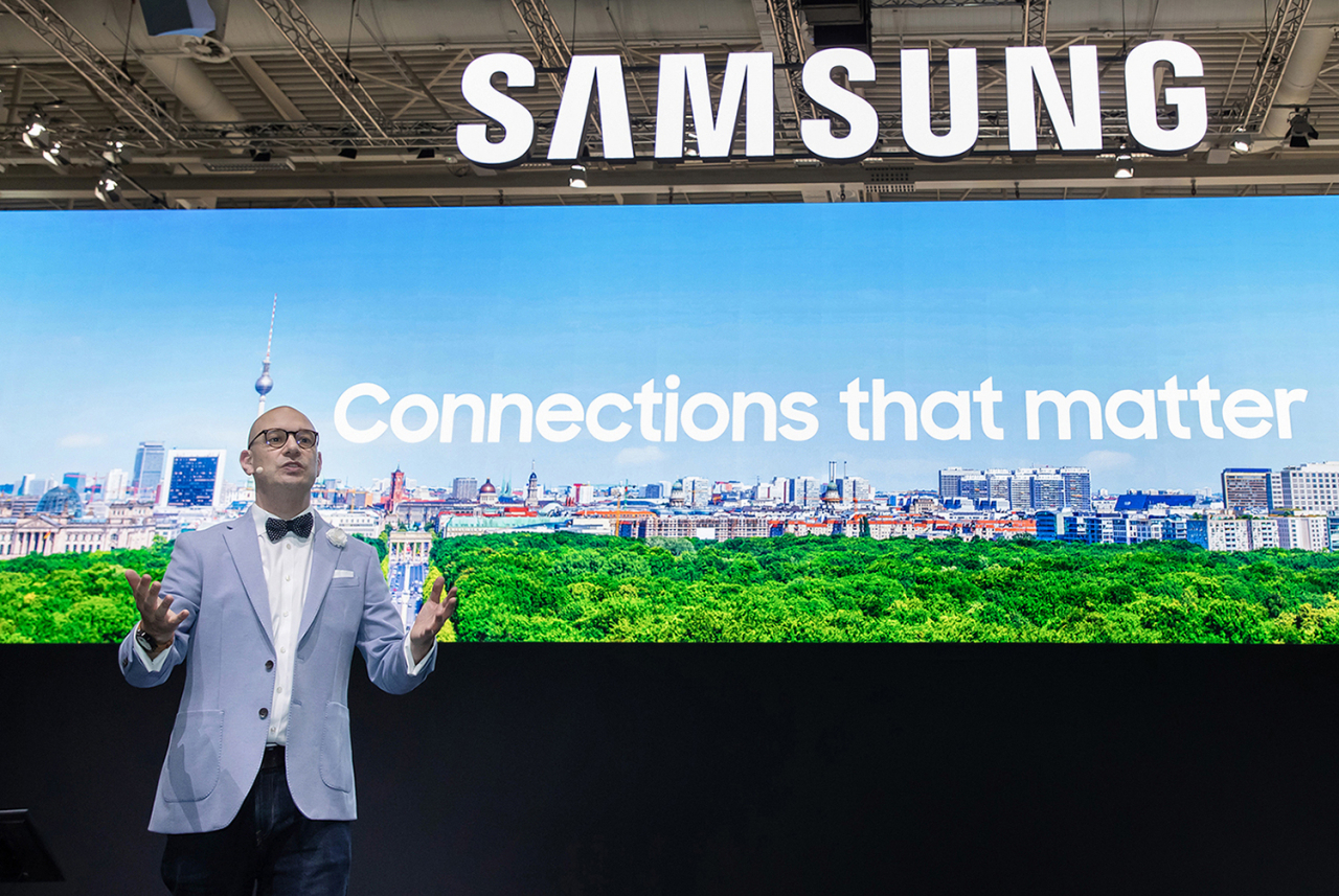 Benjamin Braun, Samsung's chief marketing officer for Europe, delivers a keynote speech during a press conference at City Cube Berlin on Thursday in this photo provided by the company.