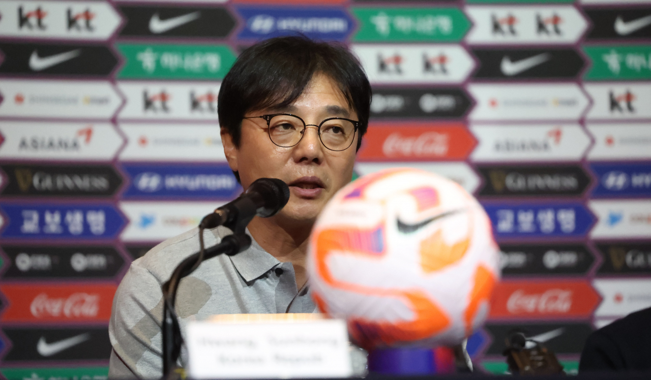 Hwang Sun-hong, head coach of the South Korean men's under-22 national football team, speaks at a press conference ahead of the 2024 Asian Football Confederation U-23 Asian Cup qualifying tournament in the southeastern city of Changwon on Sep. 5. (Yonhap)