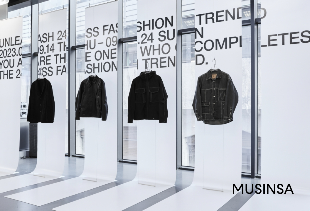 A picture shows denim jackets displayed at Musinsa's preview show for spring-summer 2024. (Musinsa)