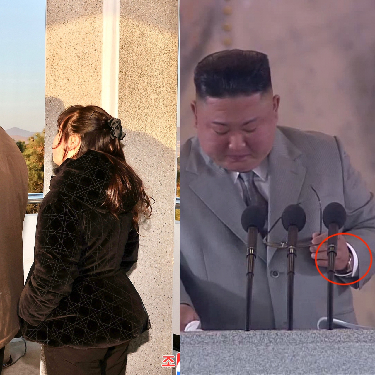 Kim Ju-ae (left), North Korean leader Kim Jong-un's daughter, is seen wearing a $1,900 black coat from Dior during the Hwasong-17 ICBM test launch in March. Kim Jong-un is seen wearing a $13,400 watch from Swiss luxury watch manufacturer IWC Schaffhausen during the military parade celebrating the 75th anniversary of its ruling Worker's Party in 2020. (Korean Central News Agency, Korean Central Television)