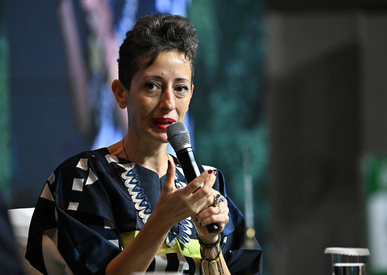 Lina Ghotmeh speaks during the “Special Talk: Design for Coexistence” held as part of the Herald Design Forum 2023 on Tuesday at the Shilla Seoul.(Im Se-jun/The Korea Herald)